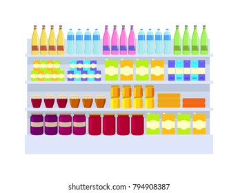 Supermarket variety of products placed on shelves, bottles with water, packages with fresh juice, vector illustration isolated on white background