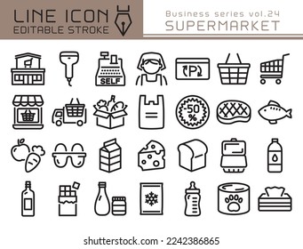 Supermarket vector icon set. Editable line stroke.