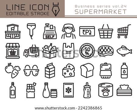 Supermarket vector icon set. Editable line stroke.