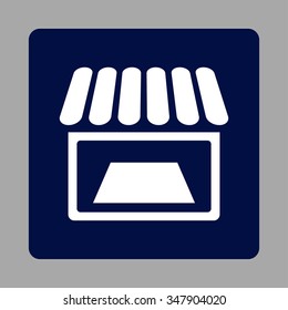 Supermarket vector icon. Style is flat rounded square button, white and dark blue colors, silver background.