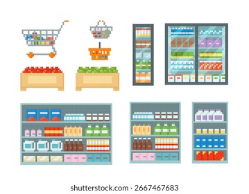 Supermercado. Vetor pixel conjunto de carrinho de compras, geladeira, prateleira, prateleiras com comida, legumes, caixas, bebidas. estilo retro bit. Interface do jogo. Ícones isolados. Estilo plano.