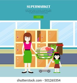 Supermarket vector web banner in flat style. Woman and child characters standing near lockers after shopping in grocery shop. Illustration for stores and retail companies web page design.    