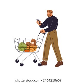 Supermarket visitor pushes trolley with goods. Customer with shopping list in phone buys food. Buyer with cart makes purchases in grocery store. Flat isolated vector illustration on white background