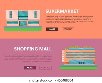 Supermarket web page horizontal templates. Flat design. Commercial building concept illustration for web design, banners. Shopping center, shopping mall, business center on color background.