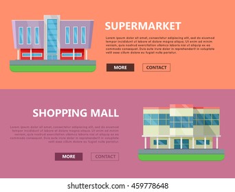 Supermarket web page horizontal templates. Flat design. Commercial building concept illustration for web design, banners. Shopping center, shopping mall, business center on color background.