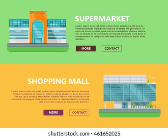 Supermarket web page horizontal templates. Flat design. Commercial building concept illustration for web design, banners. Shopping center, shopping mall, business center on color background.