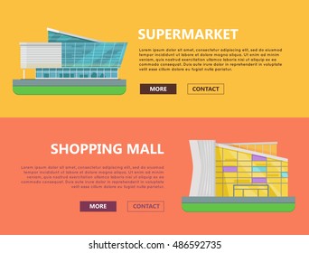Supermarket web page horizontal templates. Flat design. Commercial building concept illustration for web design, banners. Shopping center, shopping mall, business center on color background.