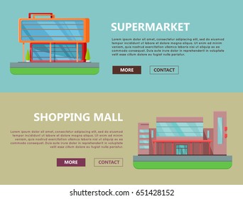 Supermarket web page horizontal templates. Flat design. Commercial building concept illustration for web design, banners. Shopping center, shopping mall, business center on color background.