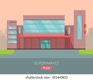 Supermarket web page template. Flat design. Commercial building concept illustration for web design, banners. Shop, shopping center, mall, supermarket, business center on township background.