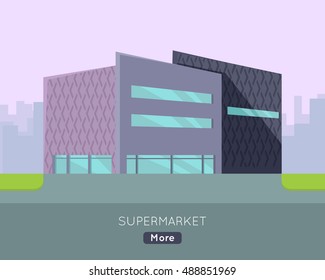 Supermarket web page template. Flat design. Commercial building concept illustration for web design, banners. Shop, shopping center, mall, supermarket, business center on township background.