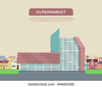 Supermarket web page template. Flat design. Commercial building concept illustration for web design, banners. Shop, shopping center, mall, supermarket, business center on township background.