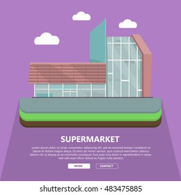 Supermarket web page template with text more and contact. Flat design. Commercial building illustration for web design, banners. Shop, shopping center, mall, supermarket, business center background