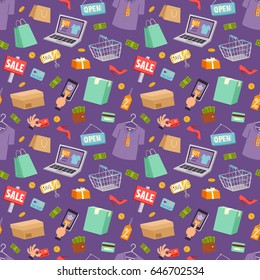 Supermarket web shop cartoon vector seamless pattern background