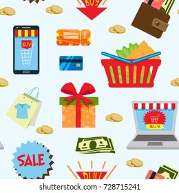 Supermarket web shopping cartoon set food and commerce products shop icons isolated on white vector seamless pattern background .