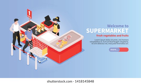 Supermarket website horizontal isometric design with online vegetables fruits grocery offer basket customers payment symbols vector illustration 
