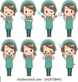 Supermarket woman clerk illustration set