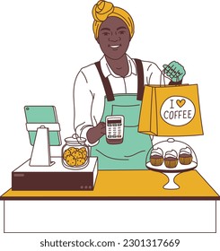 supermarket woman worker with cash register machine and products vector illustration design