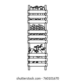 supermarket wooden shelf of three levels with sausages breads and apples in monochrome silhouette