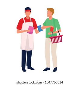 Supermarket Worker And Customer With Basket Over White Background, Vector Illustration