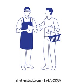 supermarket worker and customer with basket over white background, vector illustration