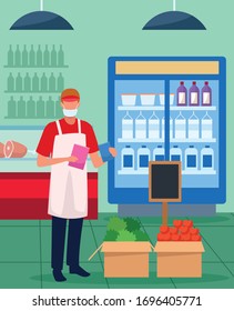 supermarket worker with face mask vector illustration design