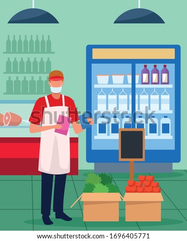 supermarket worker with face mask vector illustration design