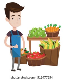 Un supermercado dando su pulgar. Trabajador de supermercado parado en el fondo de estanterías con verduras y frutas en un supermercado. Ilustración de diseño plana vectorial aislada en fondo blanco.