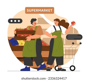 Supermarket workers concept. Man and woman with box of tomatoes, natural and organic products. Retail and merchandising. Store or shop workers, staff. Cartoon flat vector illustration