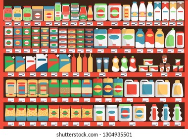 Supermarket.Colorful  shelves with products and drinks. Vector illustration.