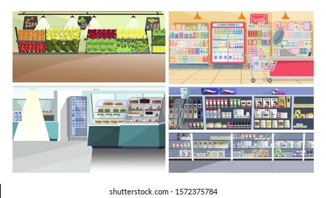 Supermarkets flat vector illustration set. Food, culinary, household chemicals. Shopping concept