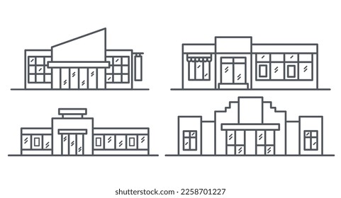 Supermarkets icons set. Mall centre outline illustration. Shop buildings set. Vector.