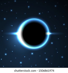 Supermassive Black Hole or Solar Eclipse. Blue Deep Space. The Black Hole Destroys The Blue Star. Vector Illustration