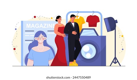 Hombre y mujer supermodelo. Chico y chica de moda y de moda en traje negro y vestido rojo. Belleza, estética y elegancia. Modelos para revista de moda. Ilustración vectorial plana de dibujos animados