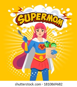 supermom poster illustration, young mom holding spoon and groceries with supermom letter above and yellow background. used for poster, book cover and other