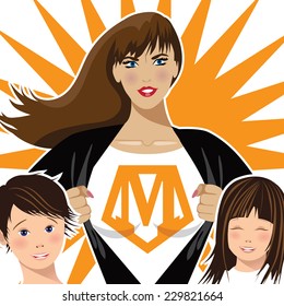 Supermom With Two Children Closeup EPS 10 Vector