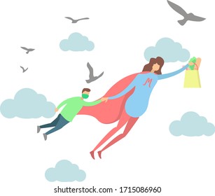 Supermom vector concept: mother figure wearing superhero costume flying with her son