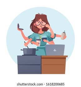 Supermom and worker woman character. Cartoon vector illustration. Multitasking businesswoman cleaning, cooking, working, drinking coffee, caring for a child.