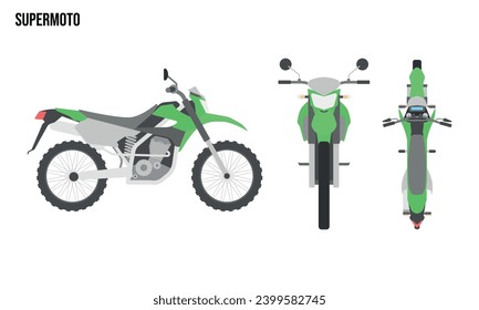 Supermoto Flat design illustration, Public Vehicles , top view, side view, front view, isolated by white background