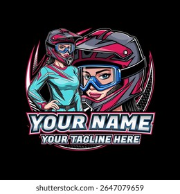 Modelo de logotipo Supermoto com ilustração de personagem de piloto feminino