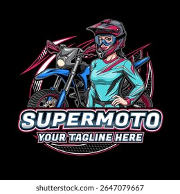 Modelo de logotipo Supermoto com ilustração de personagem de piloto feminino