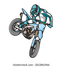 Supermoto motocross or dirtbike with blue colored symbol logo with cartoon style line art illustration design vector