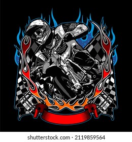 supermoto and piston on blue fire, t-shirt design, biker, knucklehead, panhead, shovelhead, flathead, naked bike, dragrace, supermoto, Motorradfahrer, 
motorrijder, vector template

