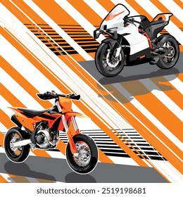 supermoto e superbike com vetor de fundo de faixa laranja e branca. esta imagem é preferível para motocicleta, comunidade automotiva, passeio, corrida, tour e logotipo de evento.