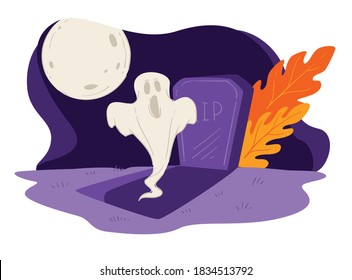 Actividad sobrenatural en el cementerio, fantasmas enfurecidos resucitando de la lápida que acecha a la gente. Aparición espeluznante levantándose de la tumba durante la luna llena, luchando y asustando, vector de estilo plano