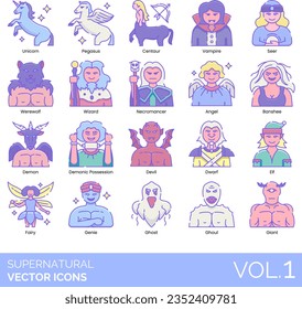 Supernatural icons include gnome, goblin, golem, gremlin, imp, poltergeist, troll, zombie, mermaid, magic wand, chimera, doppelganger, dragon, minotaur, nymph, ogre, bigfoot, vampire hunter, mirror.