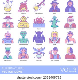 Supernatural icons include gnome, goblin, golem, gremlin, imp, poltergeist, troll, zombie, mermaid, magic wand, chimera, doppelganger, dragon, minotaur, nymph, ogre, bigfoot, vampire hunter, mirror.