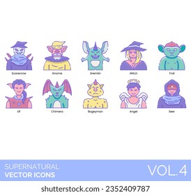 Supernatural icons include gnome, goblin, golem, gremlin, imp, poltergeist, troll, zombie, mermaid, magic wand, chimera, doppelganger, dragon, minotaur, nymph, ogre, bigfoot, vampire hunter, mirror.