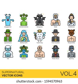 Supernatural icons including boogeyman, extraterrestrial, gargoyle, gods, goddesses, leprechaun, mother earth, tooth fairy, time traveler, shapeshifter, yeti, medusa, cyclops, pirate ghost, mummy.