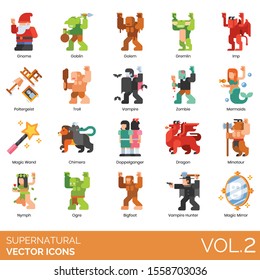 Supernatural icons including gnome, goblin, golem, gremlin, imp, poltergeist, troll, zombie, mermaid, magic wand, chimera, doppelganger, dragon, minotaur, nymph, ogre, bigfoot, vampire hunter, mirror.