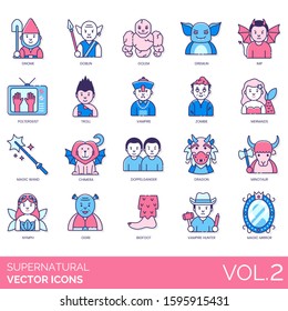 Supernatural icons including gnome, goblin, golem, gremlin, imp, poltergeist, troll, zombie, mermaid, magic wand, chimera, doppelganger, dragon, minotaur, nymph, ogre, bigfoot, vampire hunter, mirror.